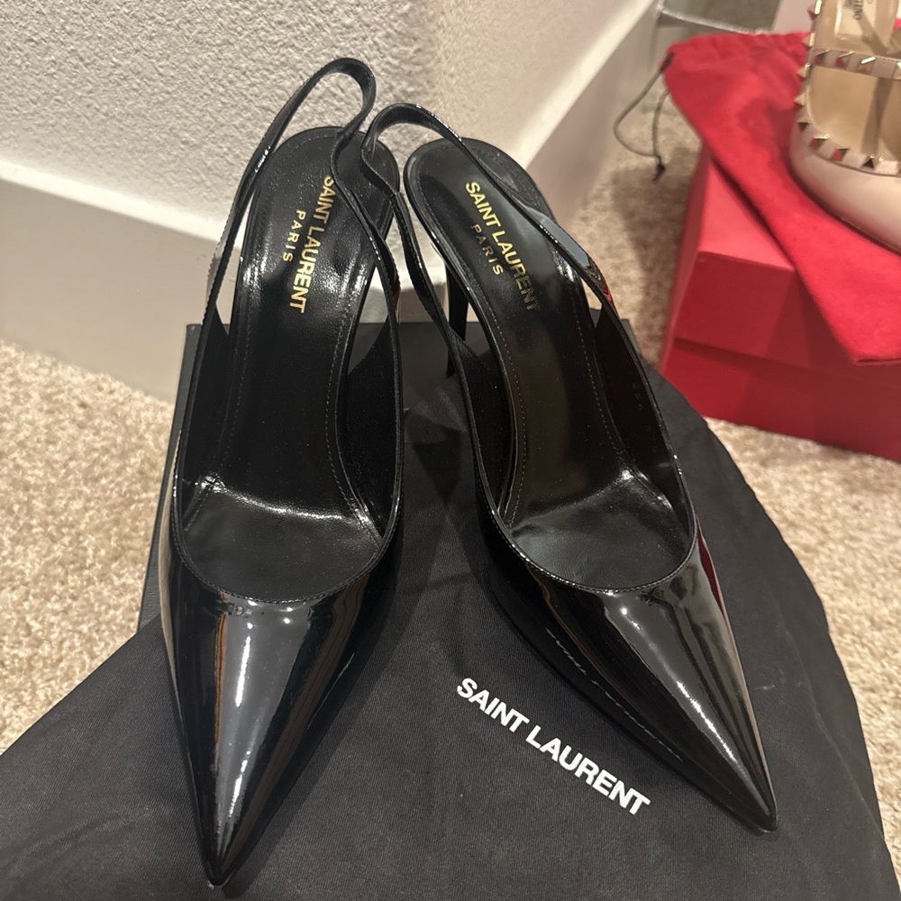 Saint Laurent Black Patent Slingback Pointed-Toe Pumps